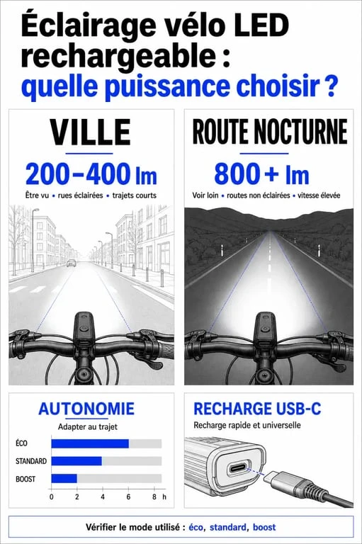 Infographie comparative des puissances d'éclairage vélo LED rechargeable selon l'usage