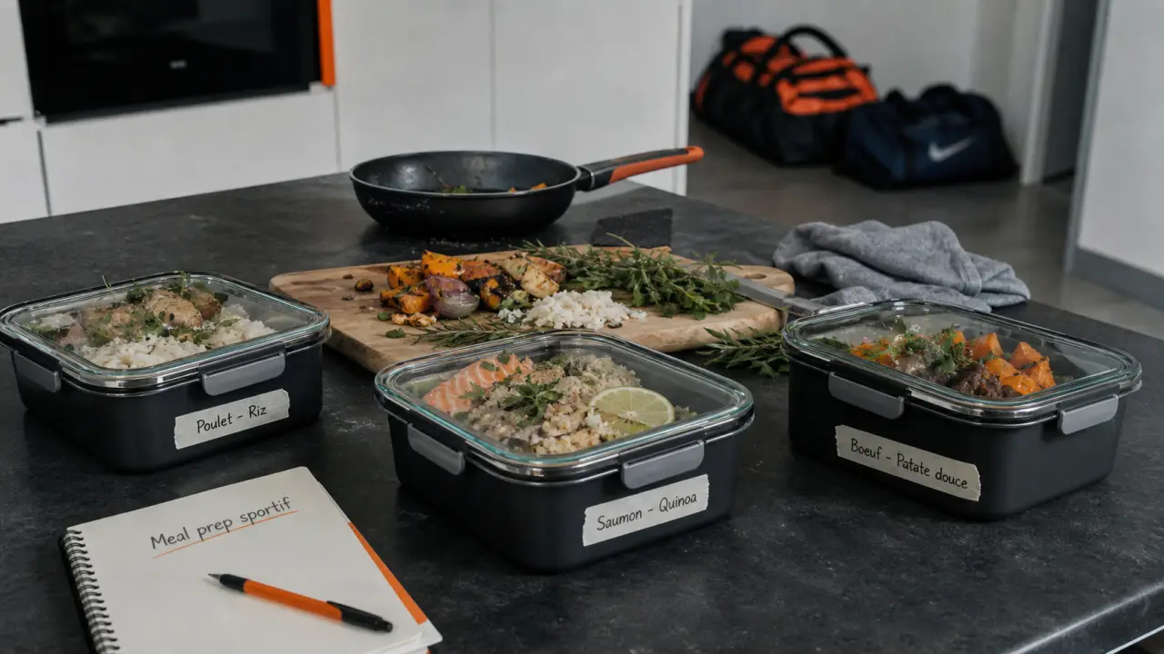 Meal prep sportif : boîtes hermétiques étiquetées dans une cuisine