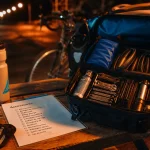 Accessoires cyclotourisme : kit de réparation sur établi près du vélo