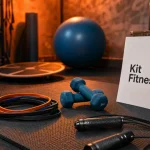 Accessoires fitness à domicile : tapis, élastiques, haltères, corde à sauter et équilibre.