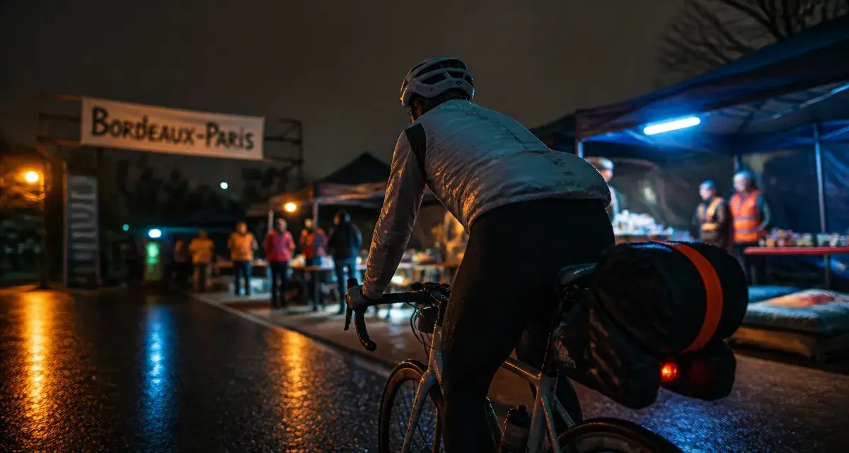 Bordeaux Paris cyclotourisme : cycliste de nuit sur la route, défi 650 km