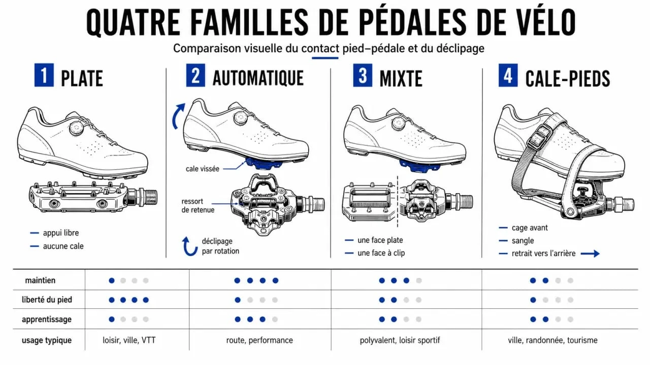 Schéma des pédale vélo : plate, automatique, mixte et cale-pieds