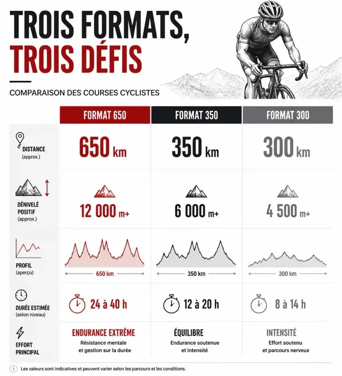 Comparatif des formats de l'épreuve cyclotourisme Bordeaux Paris