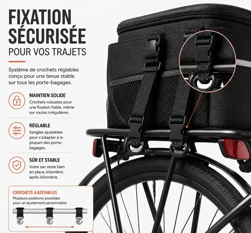 Système de fixation sécurisé d'un sac vélo isotherme sur porte-bagages
