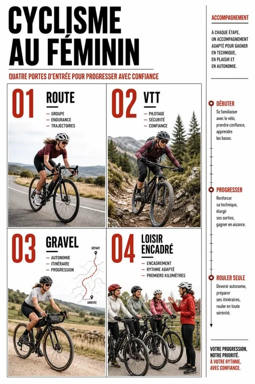 Cyclisme au feminin : visualisation des formats de pratique route, VTT, gravel et loisir encadré