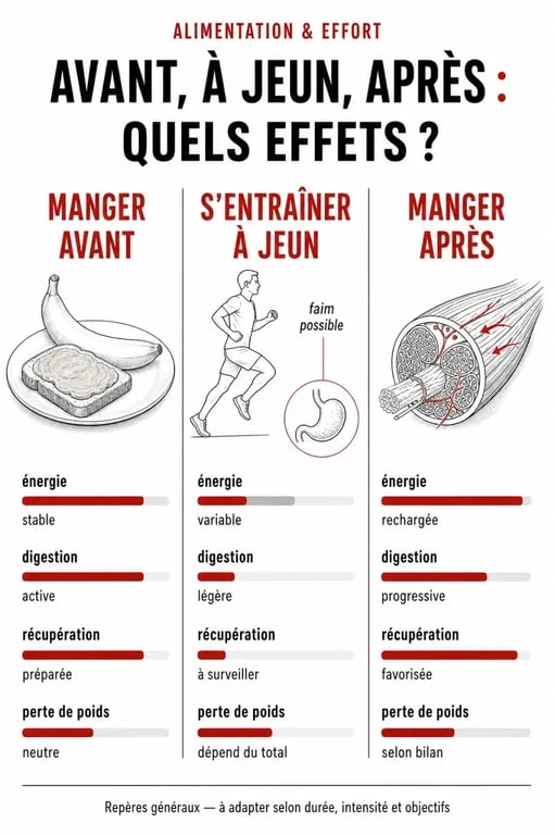 Infographie perte de poids manger avant ou apres le sport comparant manger avant, s’entraîner à jeun et manger après