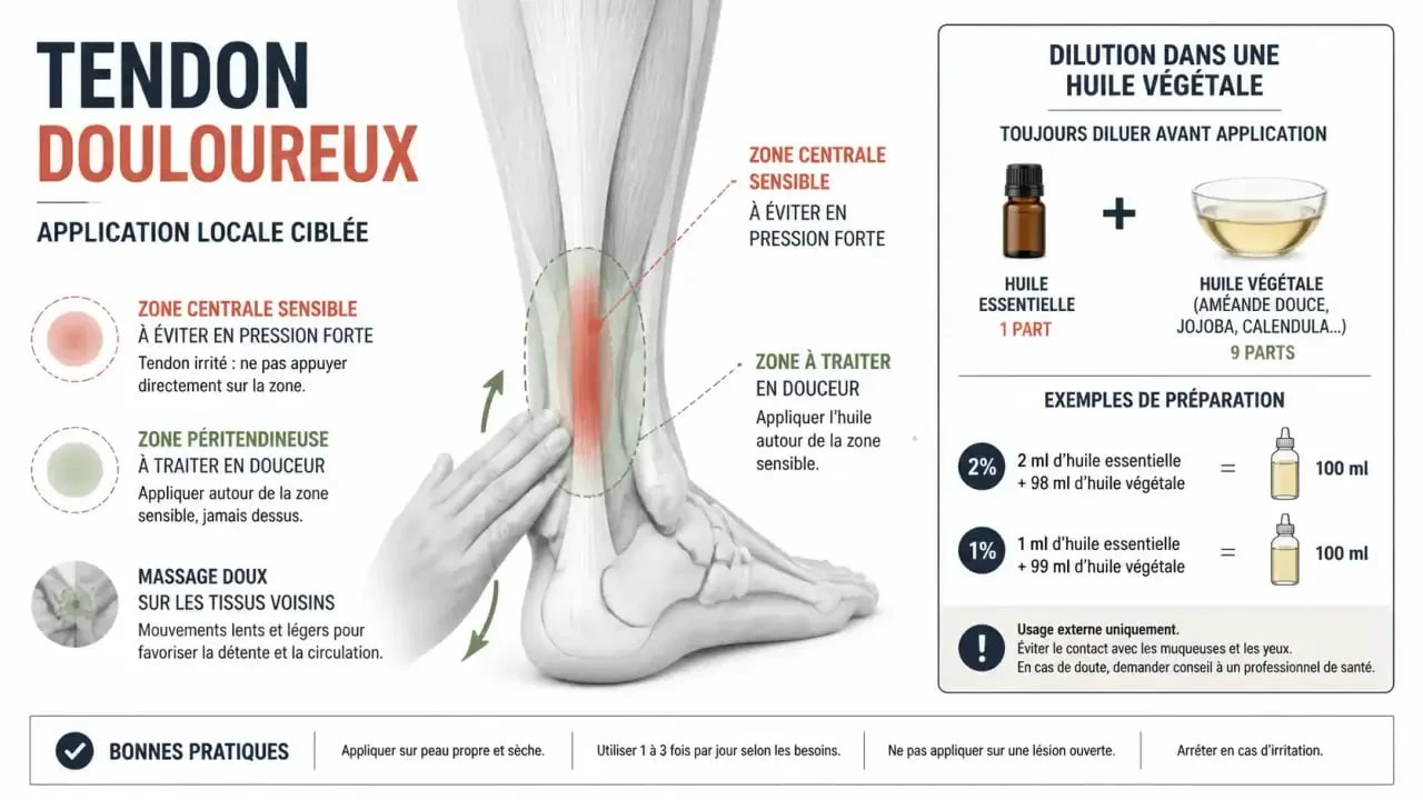 Huiles essentielles tendinite : schéma d’application locale autour d’un tendon