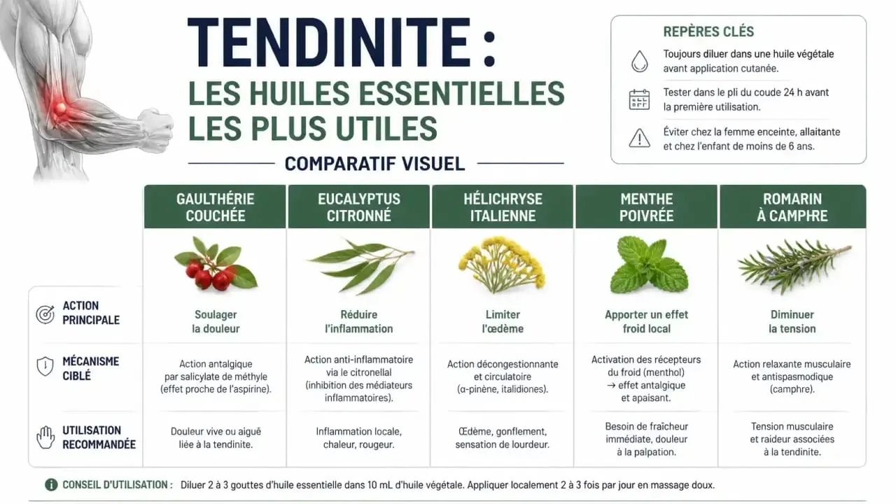 Huiles essentielles tendinite : tableau comparatif des huiles selon la douleur, l’inflammation et l’œdème