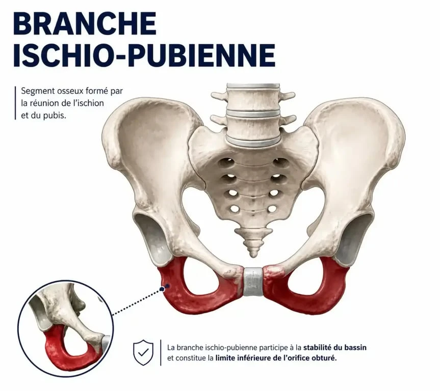 Schéma anatomique illustrant la localisation d'une fracture de la branche ischio-pubienne sur le bassin