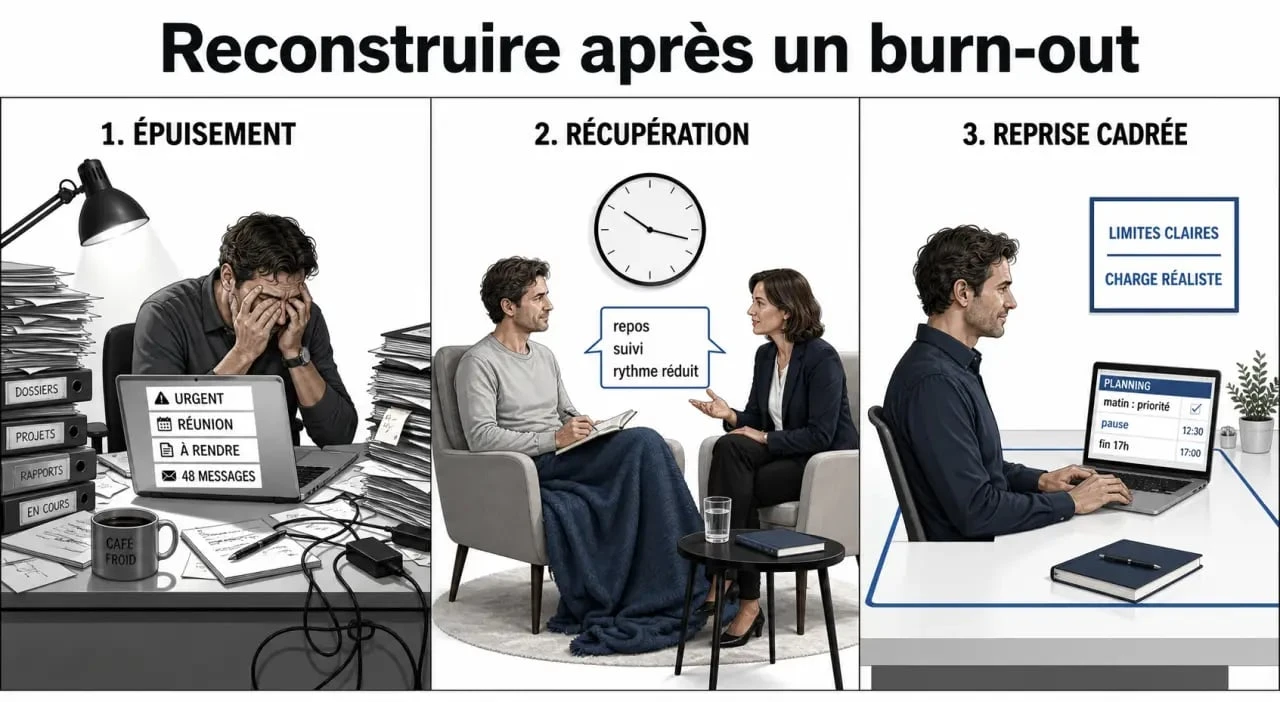 Rebondir après un burn out : illustration de la récupération et de la reprise progressive au travail