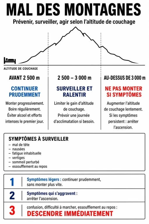 Mal des montagnes traitement préventif : infographie des seuils d’altitude, symptômes et actions à prendre