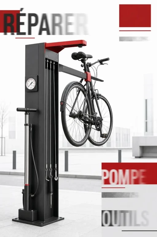 station réparation vélo tout-en-un en situation dans l’espace public avec support, pompe et outils intégrés