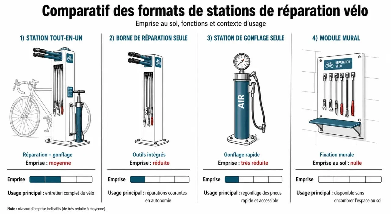 comparatif visuel des formats de station réparation vélo : tout-en-un, borne de réparation, station de gonflage et module mural