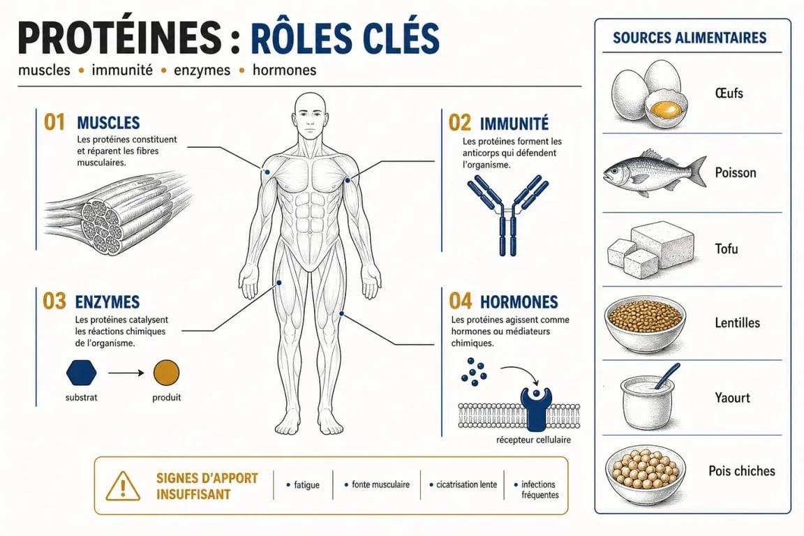 Pourquoi manger des proteines : infographie sur les rôles des protéines dans le corps, les sources alimentaires et les signes de carence