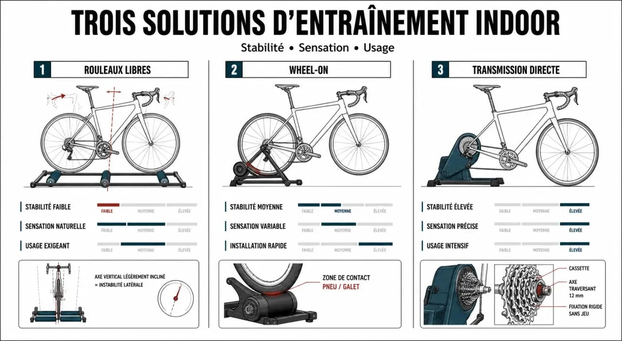 Comparatif home trainer à rouleaux, wheel-on et transmission directe dans une illustration éditoriale