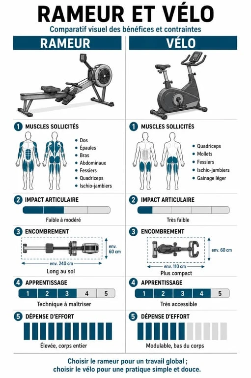Infographie comparative rameur et velo : muscles, impact, encombrement et difficulté