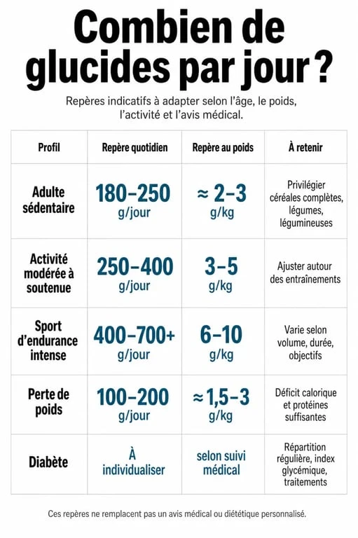 Combien de glucides par jour : repères chiffrés par profil et objectif