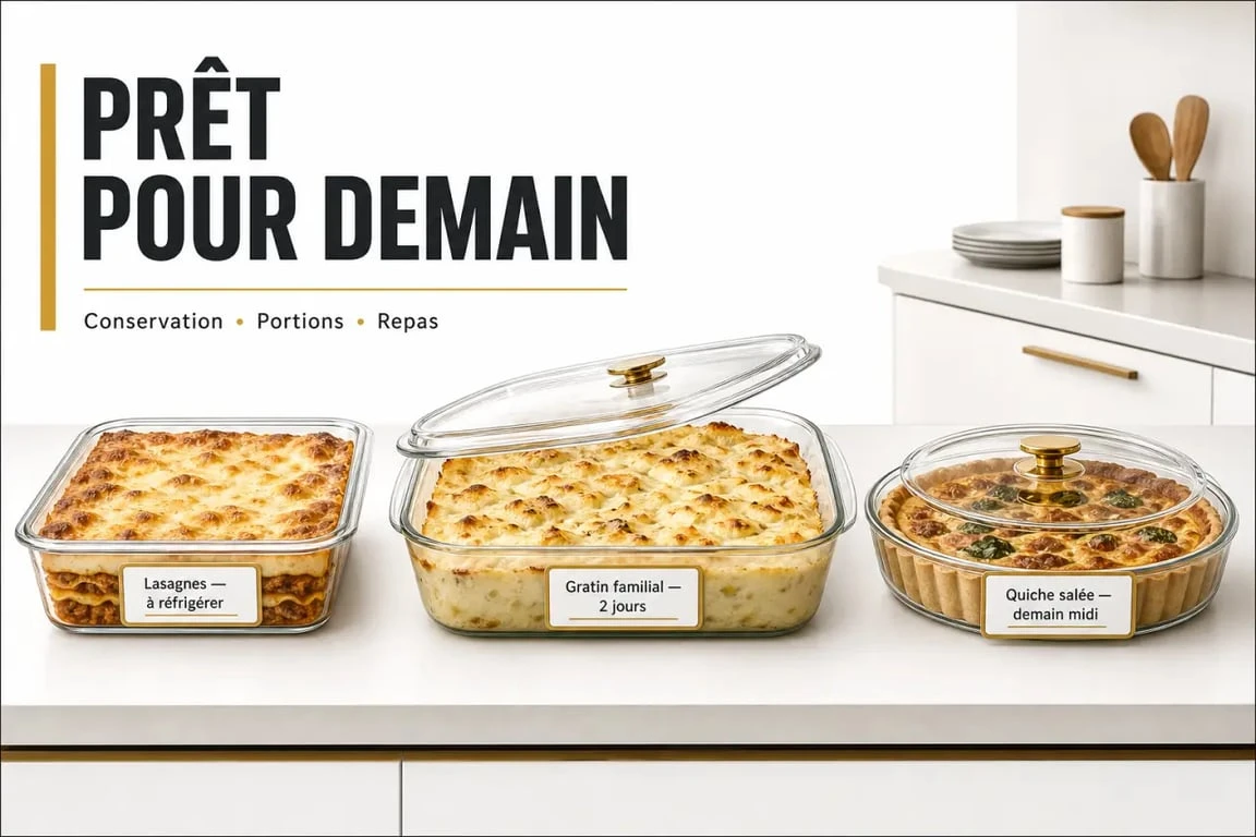 Idées de plat préparer la veille avec lasagnes, gratin et quiche sur un plan de travail