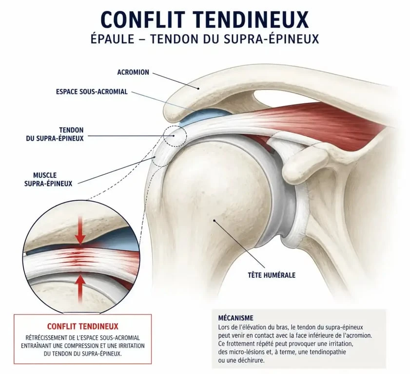 Schéma anatomique du conflit sous-acromial lors d'une tendinite de l'épaule