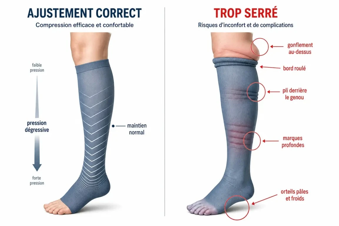 Bas de contention trop serré risques : comparaison visuelle entre un port normal et un effet garrot sur la jambe