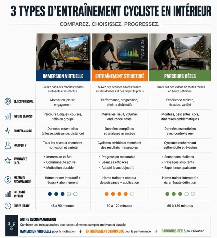 Infographie comparative des applications pour home trainer gratuite : immersion, entraînement structuré et parcours réels