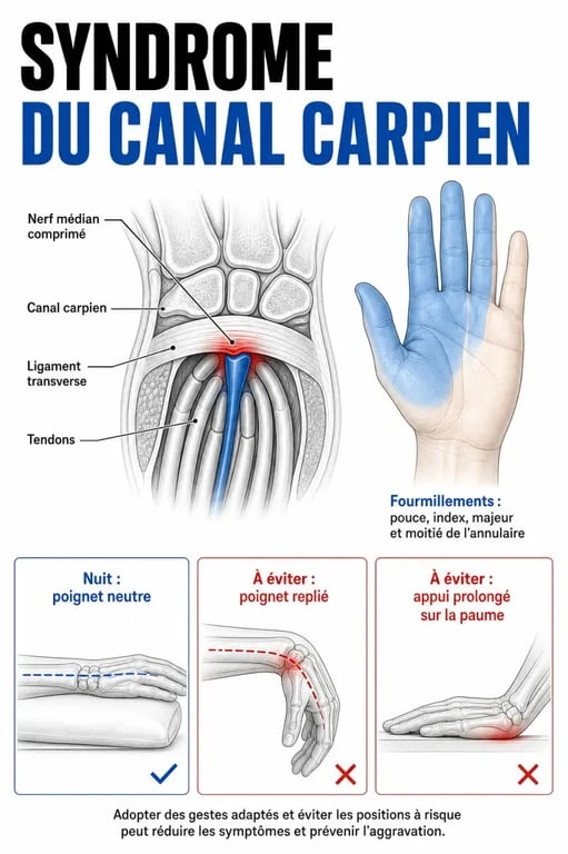 Comment soulager les douleurs du canal carpien : schéma du poignet et du nerf médian