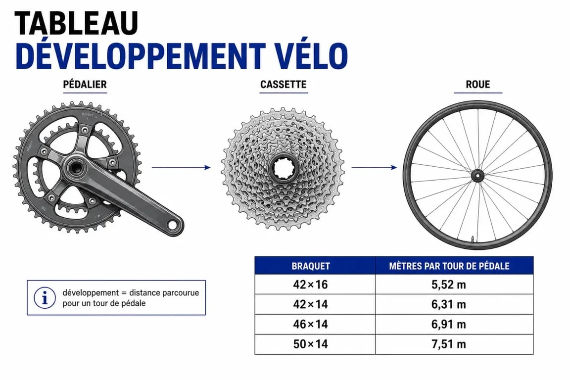 Tableau développement vélo comparant plateau, cassette et taille de roue
