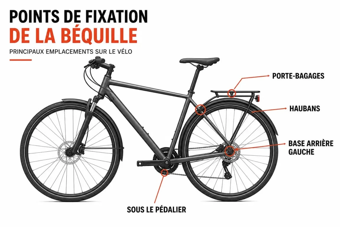 Béquille velo : schéma des points de fixation sur un vélo