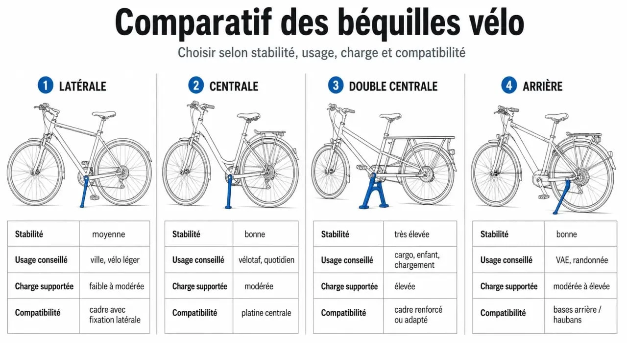 Béquille velo : tableau comparatif des types, stabilité et compatibilité