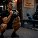 Fitness fonctionnel : squat kettlebell, posture stable, genoux alignés