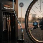 Station réparation vélo robuste avec pompe et manomètre, faible emprise