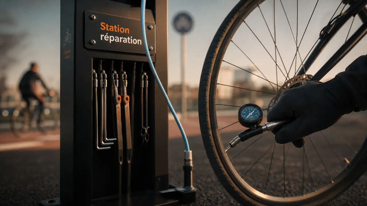 Station réparation vélo robuste avec pompe et manomètre, faible emprise
