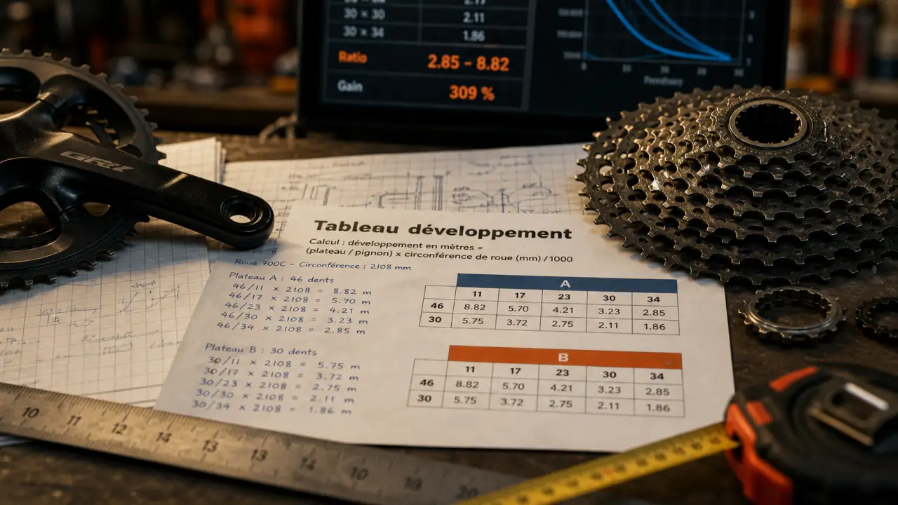 Tableau developpement velo : mètres par tour et braquets route/gravel
