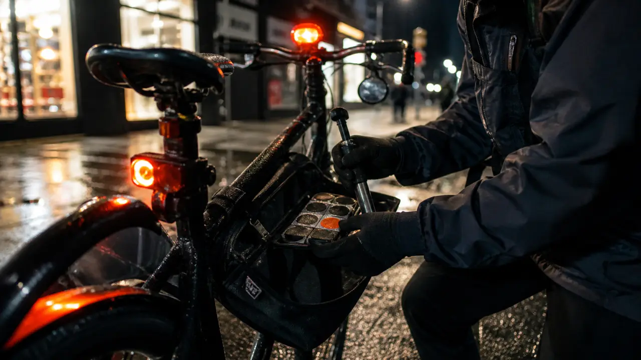 Accessoires pour cyclistes : kit anti-crevaison et mini-pompe sur vélo urbain