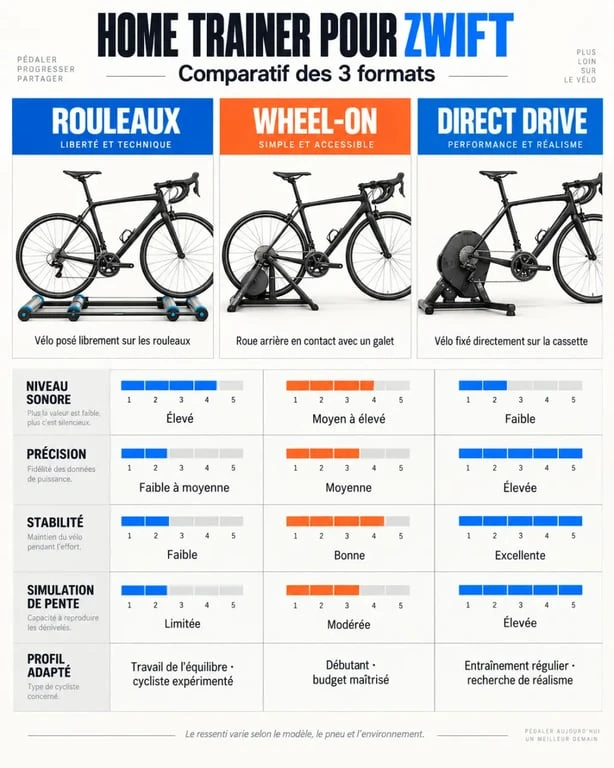 Infographie comparative des types de home trainer pour Zwift : rouleaux, wheel-on et direct drive