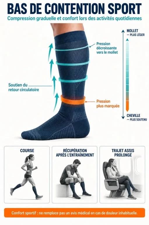 Infographie sur les bas de contention sport et la compression graduelle de la cheville au mollet