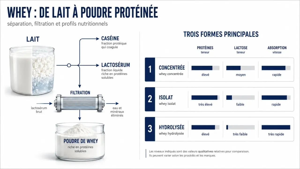 Whey protéine c'est quoi : schéma du lait vers la whey et comparaison des types de whey