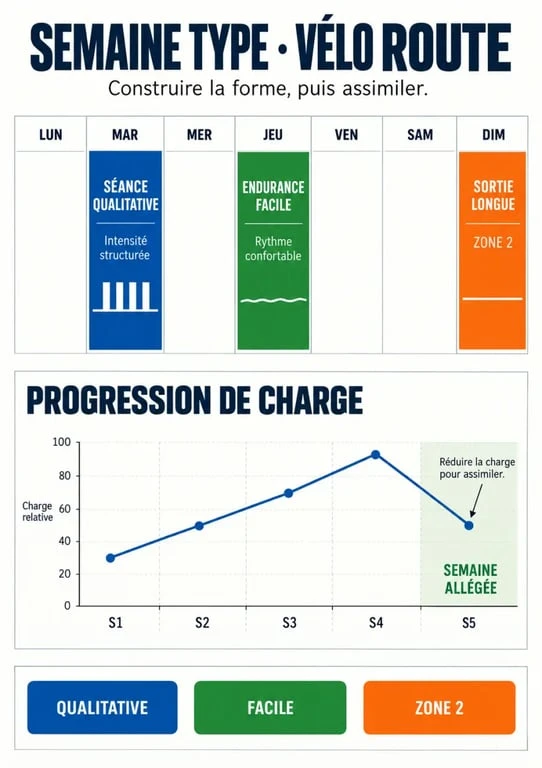 Plan d’entraînement vélo route avec semaine type, sortie longue et séances d’intensité