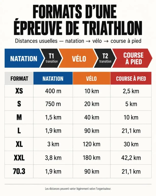 Infographie des formats et distances d’une épreuve de triathlon