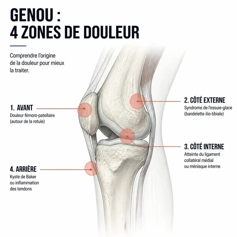 Schéma des zones de douleur au genou en vélo selon la localisation
