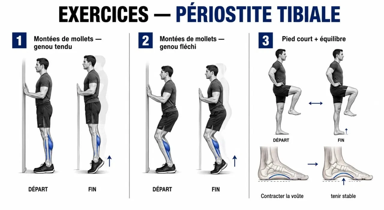 Périostite tibiale exercices : exécution pas à pas des montées de mollets et du pied court