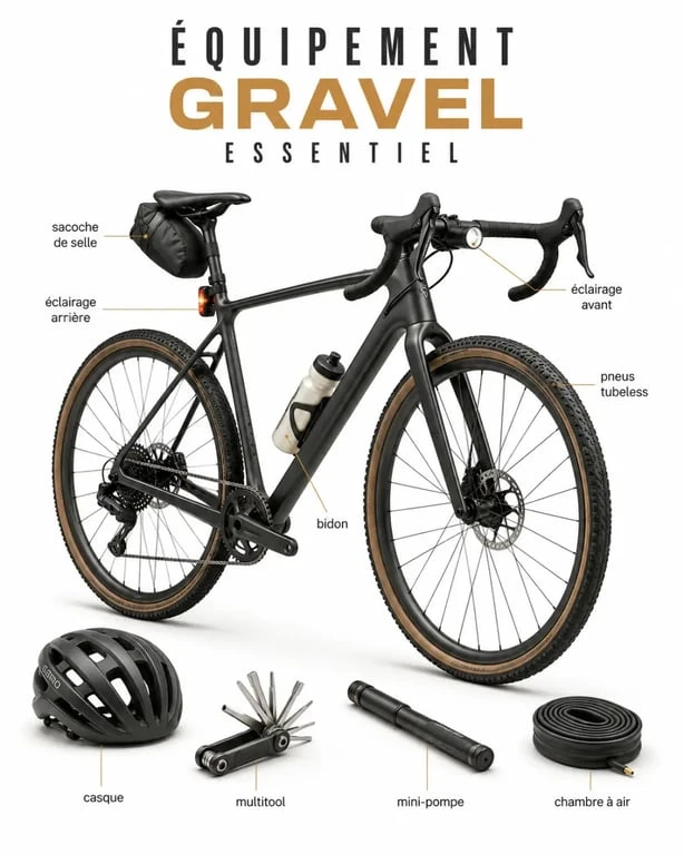 Accessoire gravel : vélo gravel équipé avec les essentiels de sécurité, confort et réparation
