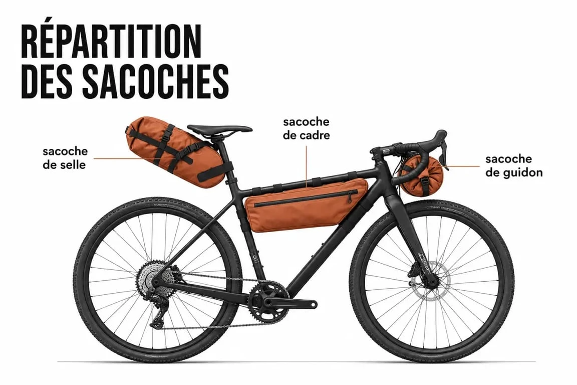 Accessoire gravel : répartition des sacoches de bikepacking sur un vélo gravel
