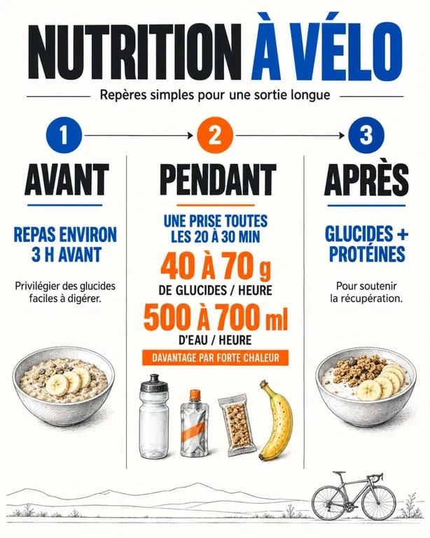 Infographie de nutrition cyclisme avant pendant et après une sortie avec glucides et hydratation