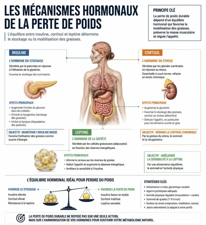 Schéma des mécanismes hormonaux pour un rééquilibrage alimentaire et perte de poids