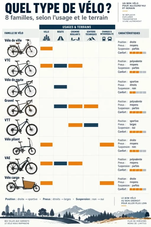 Infographie des principaux types de vélo selon l’usage et le terrain