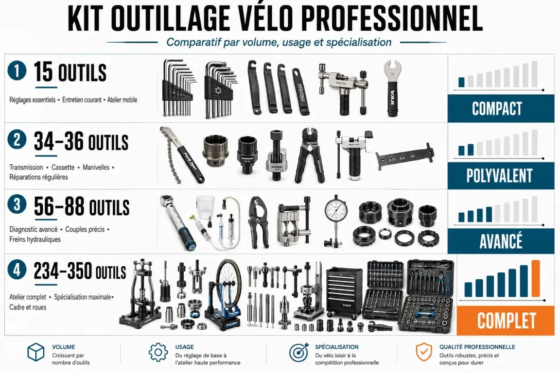 Comparatif des niveaux de kit outillage vélo professionnel avec outils et usages