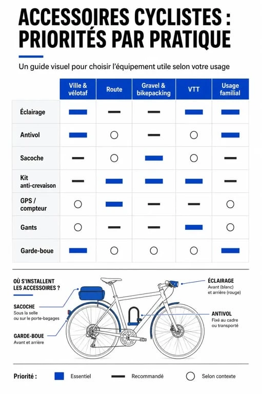 Accessoires pour cyclistes : infographie des priorités par pratique
