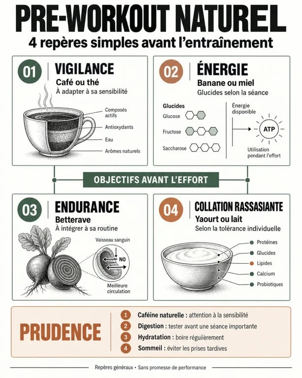 Pre workout naturel : ingrédients à choisir selon l'objectif, la caféine et la digestion