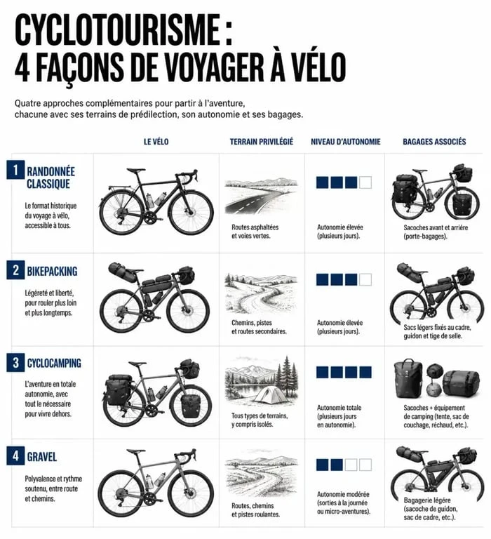 Infographie des formes de le cyclotourisme et des vélos adaptés
